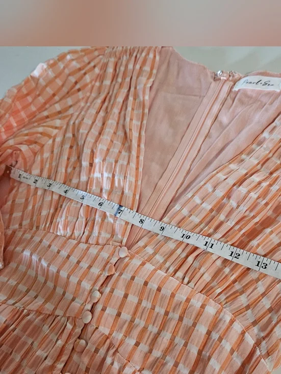 Pearl + Sea Orange Gingham Maxi Dress | Boho V-Neck Button Front Tiered Peach US - Picture 6 of 10